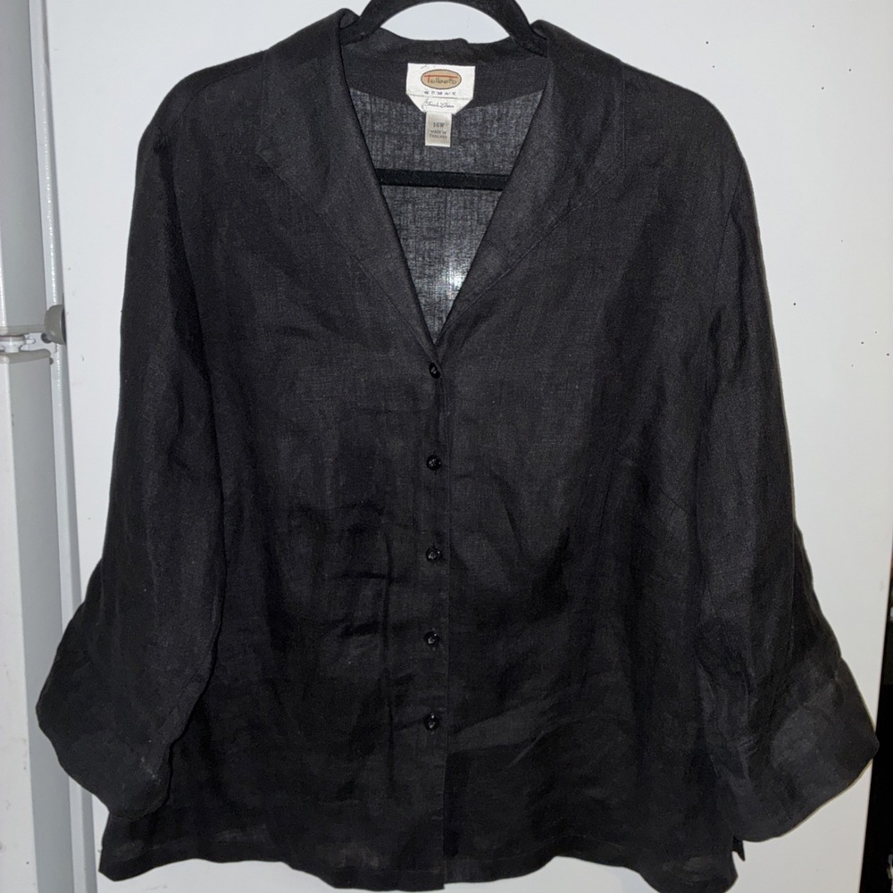 Talbots 100% Irish linen black Long sleeve button up collared top 14W
